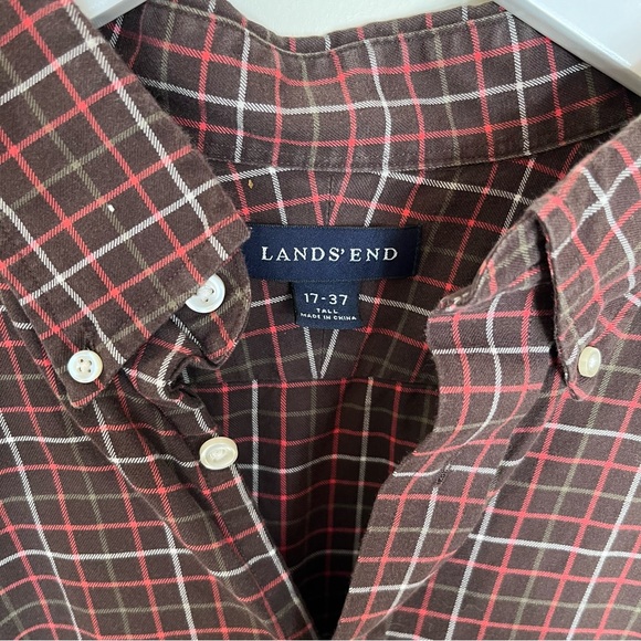 Lands End Plaid Button Down Mens 17-37 Tall Brown Pocket Cotton XL - Picture 3 of 7
